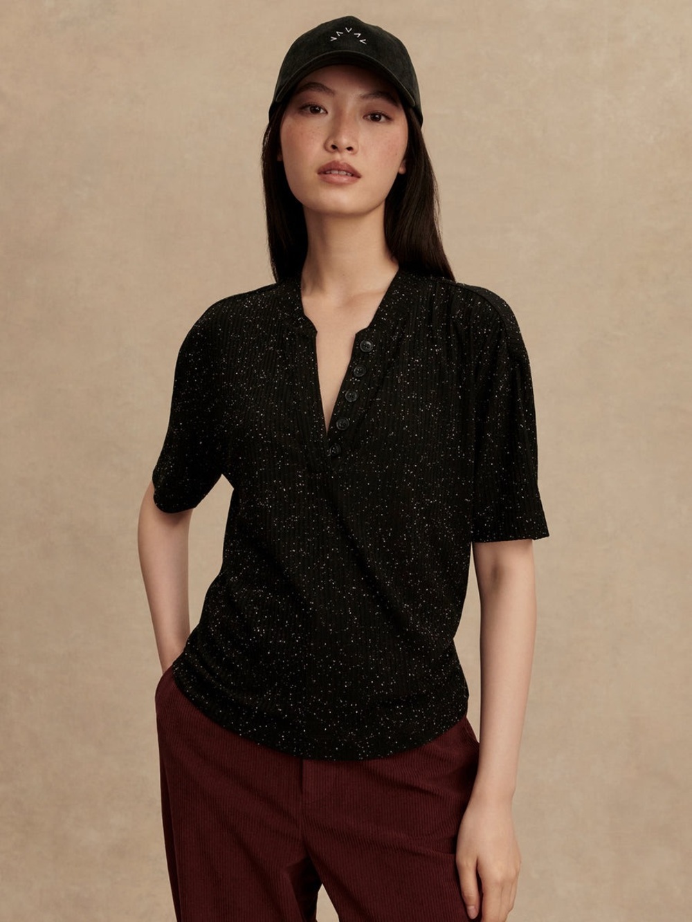 Varley Odette Mock Placket Tee Black Fleck Rib